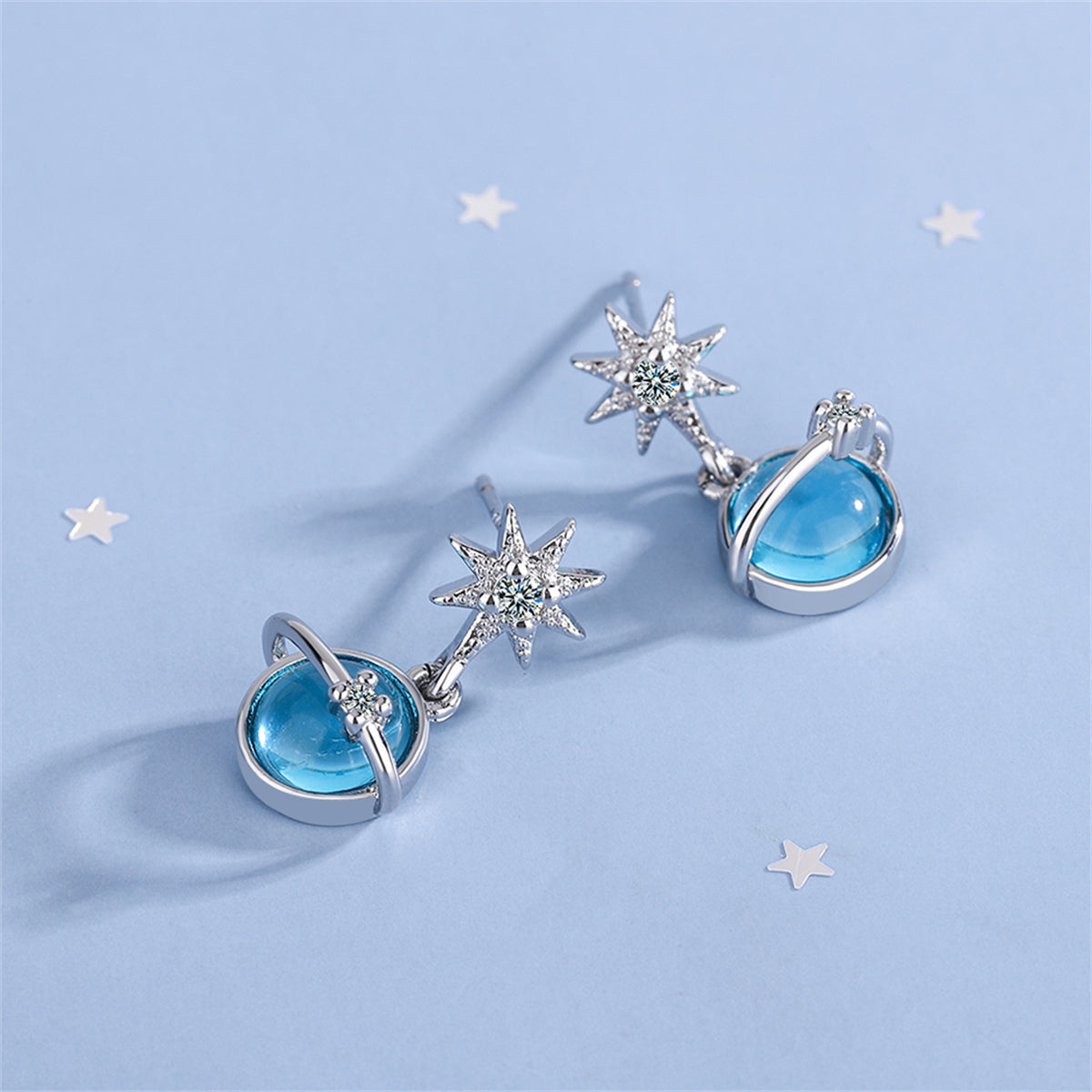 Moonstone and Cubic Zirconia Star and Planet Drop Earrings, drop earrings for women, botanical inspired, side view