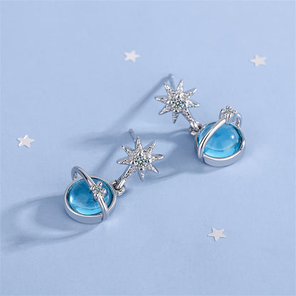 Moonstone and Cubic Zirconia Star and Planet Drop Earrings, drop earrings for women, botanical inspired, side view