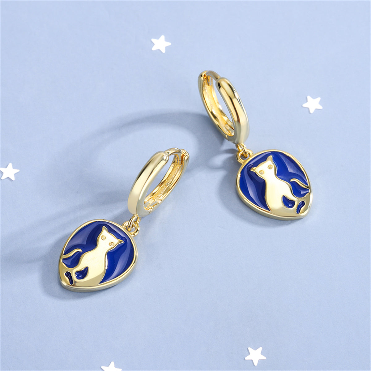 Blue Enamel and 18K Gold-Plated Cat Drop Earrings, gold drop earrings for women, everyday style, side view