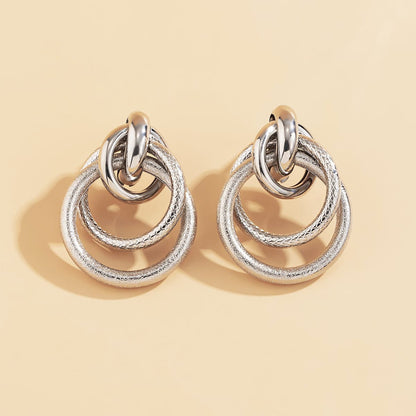 Silver-Plated Layered Circles Drop Earrings, silver drop earrings for women, dainty minimalist design, detail close-up