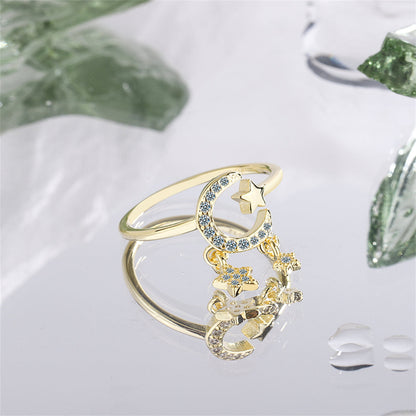 Cubic Zirconia and 18K Gold-Plated Celestial Star Tassel Open Ring, gold statement rings for women, detail close-up