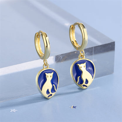 Blue Enamel and 18K Gold-Plated Cat Drop Earrings, gold drop earrings for women, everyday style, front view