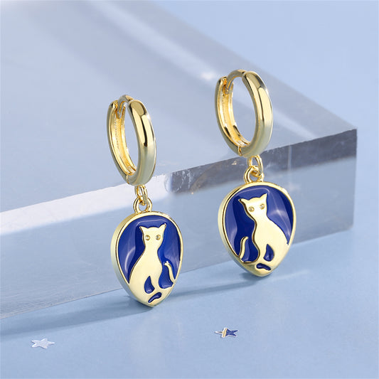 Blue Enamel and 18K Gold-Plated Cat Drop Earrings, gold drop earrings for women, everyday style, front view
