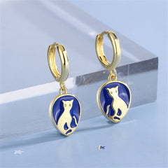 Blue Enamel & 18K Gold-Plated Cat Drop Earrings