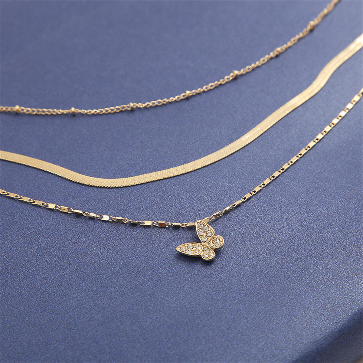 Cubic Zirconia and 18K Gold-Plated Snake Chain Butterfly Layered Pendant Necklace, gold pendant necklace for women, side view