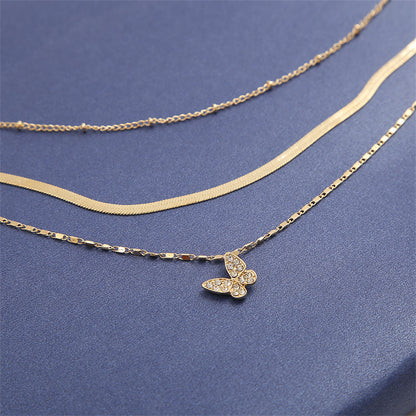 Cubic Zirconia and 18K Gold-Plated Snake Chain Butterfly Layered Pendant Necklace, gold pendant necklace for women, side view