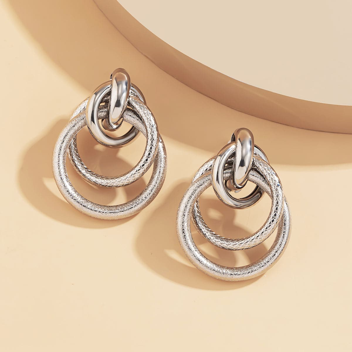 Silver-Plated Layered Circles Drop Earrings, silver drop earrings for women, dainty minimalist design, lifestyle look