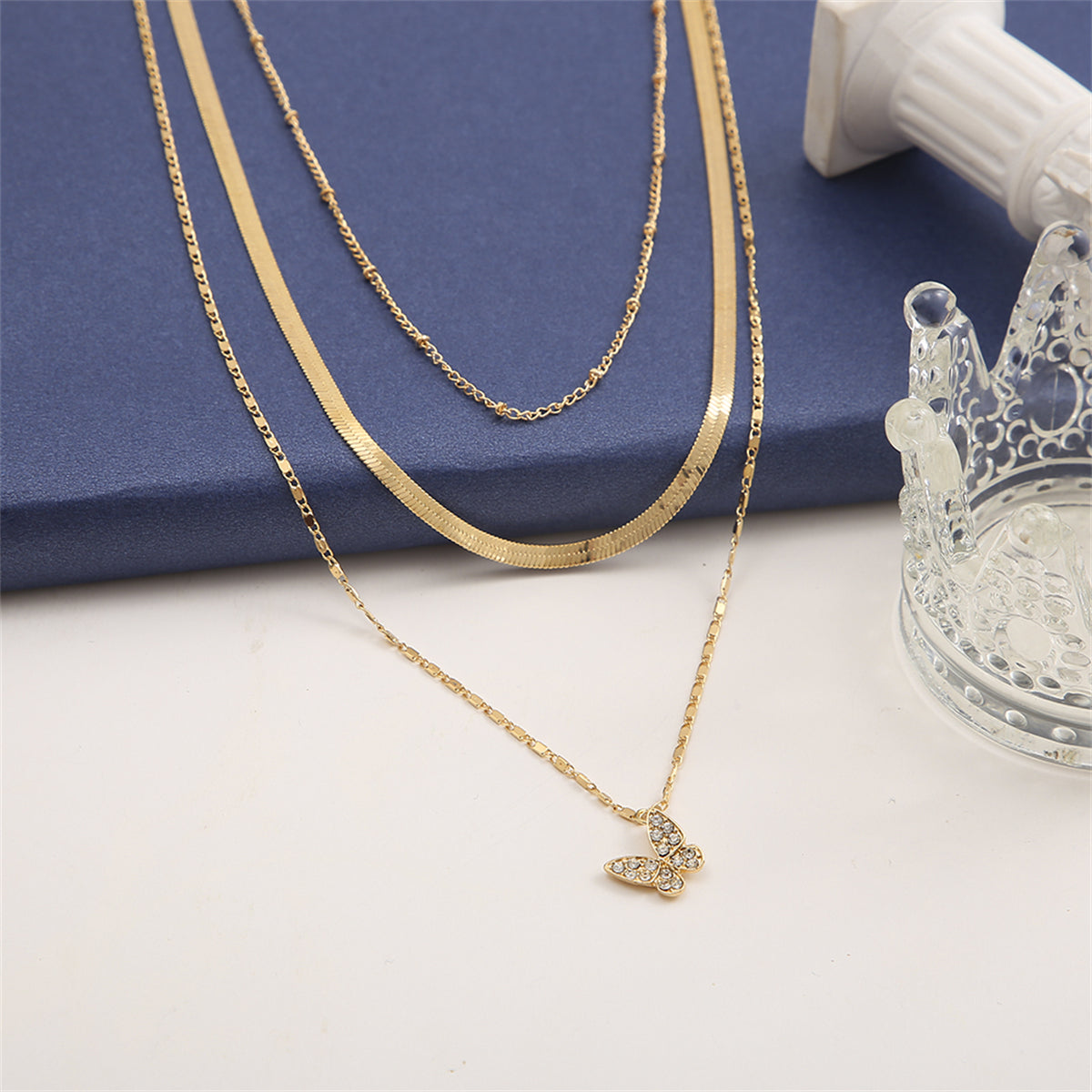 Cubic Zirconia and 18K Gold-Plated Snake Chain Butterfly Layered Pendant Necklace, gold pendant necklace..., detail close-up