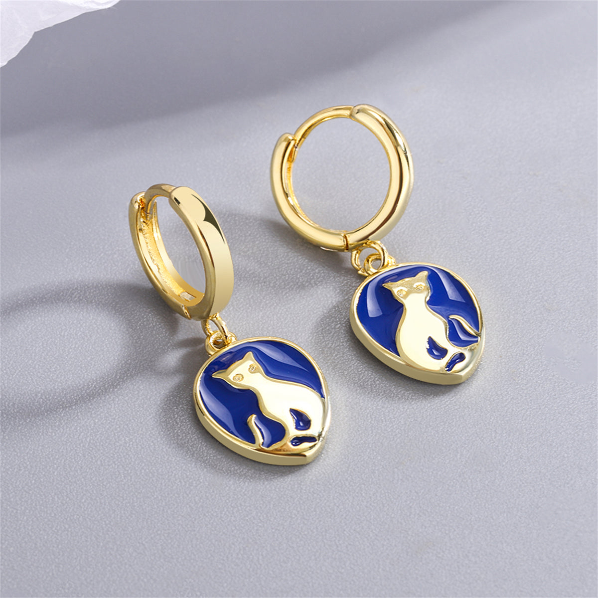 Blue Enamel and 18K Gold-Plated Cat Drop Earrings, gold drop earrings for women, everyday style, detail close-up