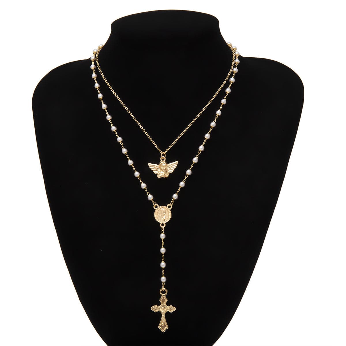 Pearl & 18K Gold-Plated Cross Layered Station Pendant Necklace