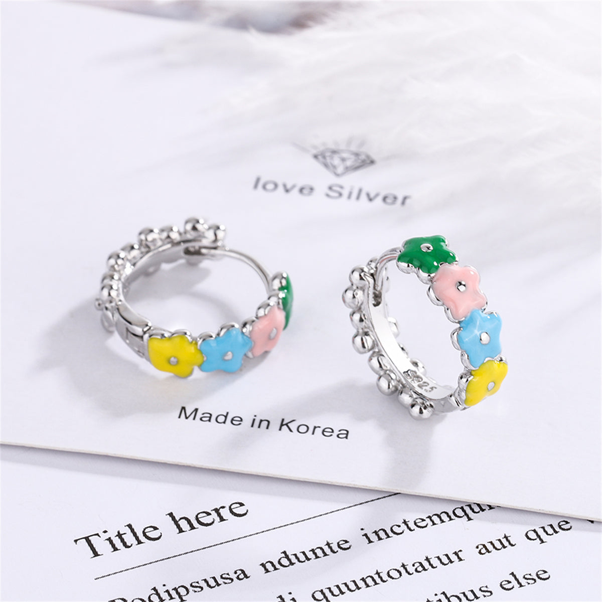 Pink and Yellow Enamel Silver-Plated Flower Huggie Earrings, silver huggie earrings, everyday style, styled look
