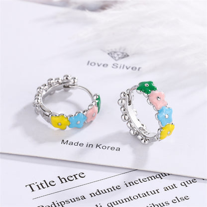 Pink and Yellow Enamel Silver-Plated Flower Huggie Earrings, silver huggie earrings, everyday style, styled look