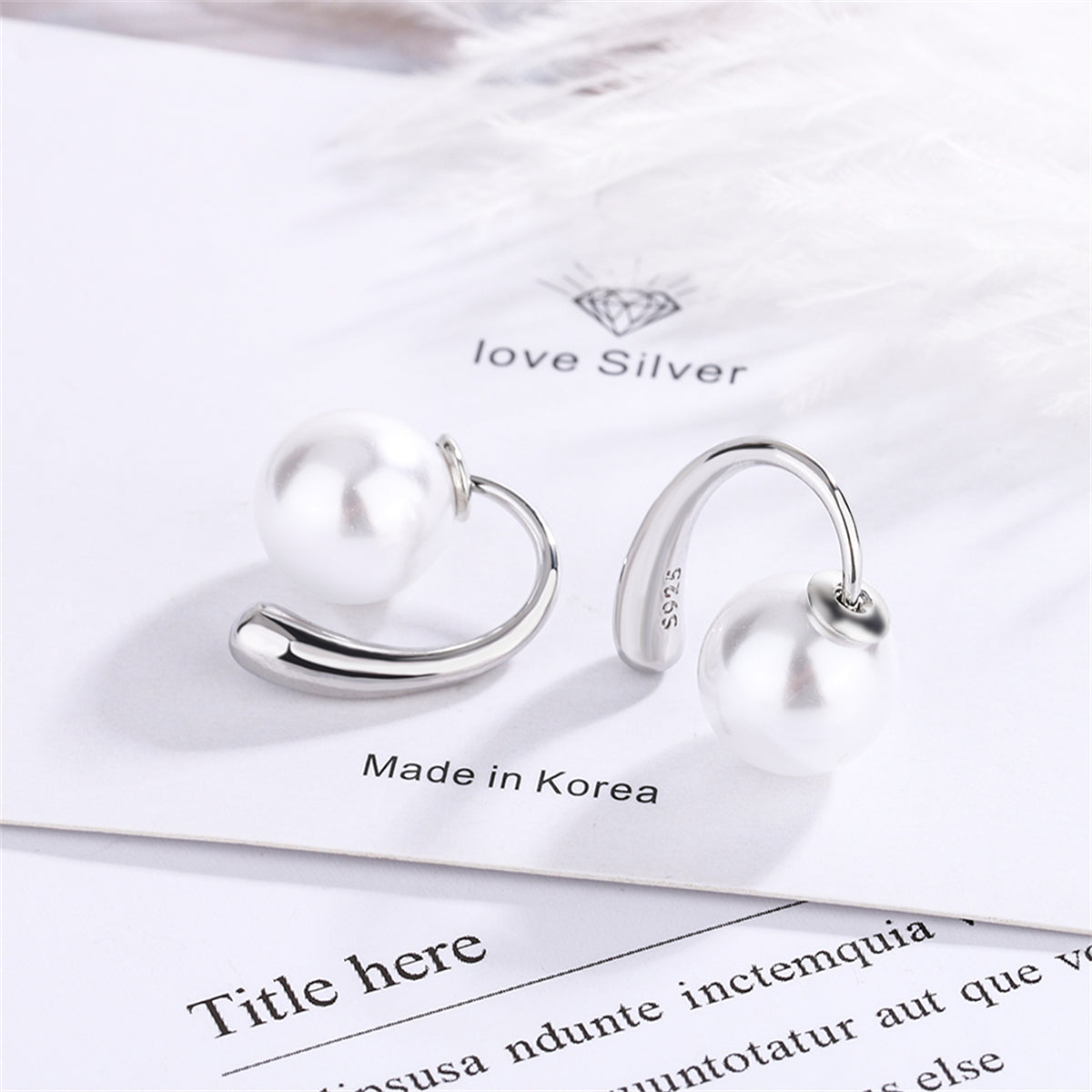 Pearl and Silver-Plated Ear Jackets, silver stud earrings for women, elegant gift for her, detail close-up