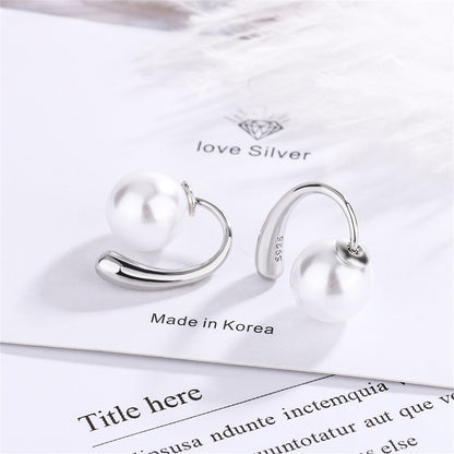 Pearl and Silver-Plated Ear Jackets, silver stud earrings for women, elegant gift for her, detail close-up
