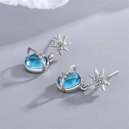 Moonstone and Cubic Zirconia Star and Planet Drop Earrings, drop earrings for women, botanical inspired, detail close-up