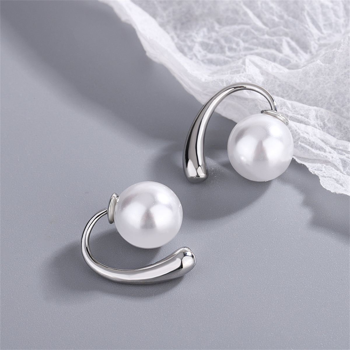 Pearl and Silver-Plated Ear Jackets, silver stud earrings for women, elegant gift for her, side view