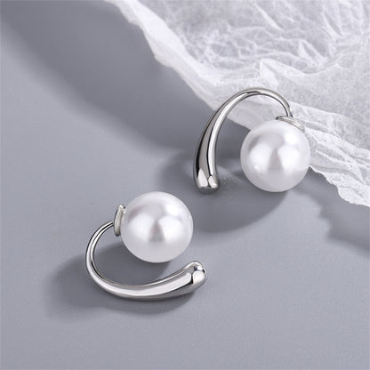 Pearl and Silver-Plated Ear Jackets, silver stud earrings for women, elegant gift for her, side view