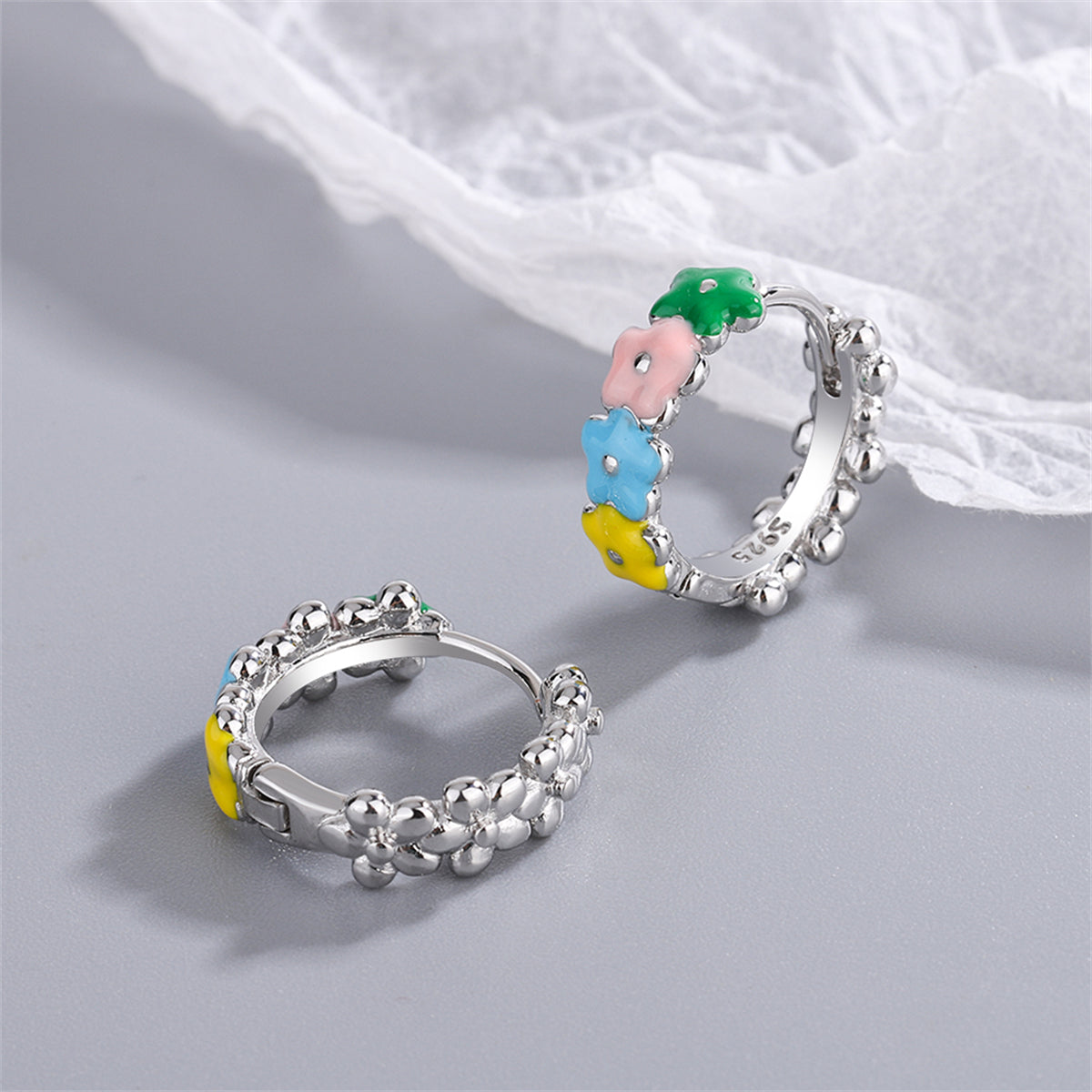 Pink and Yellow Enamel Silver-Plated Flower Huggie Earrings, silver huggie earrings, everyday style, detail close-up