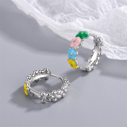 Pink and Yellow Enamel Silver-Plated Flower Huggie Earrings, silver huggie earrings, everyday style, detail close-up