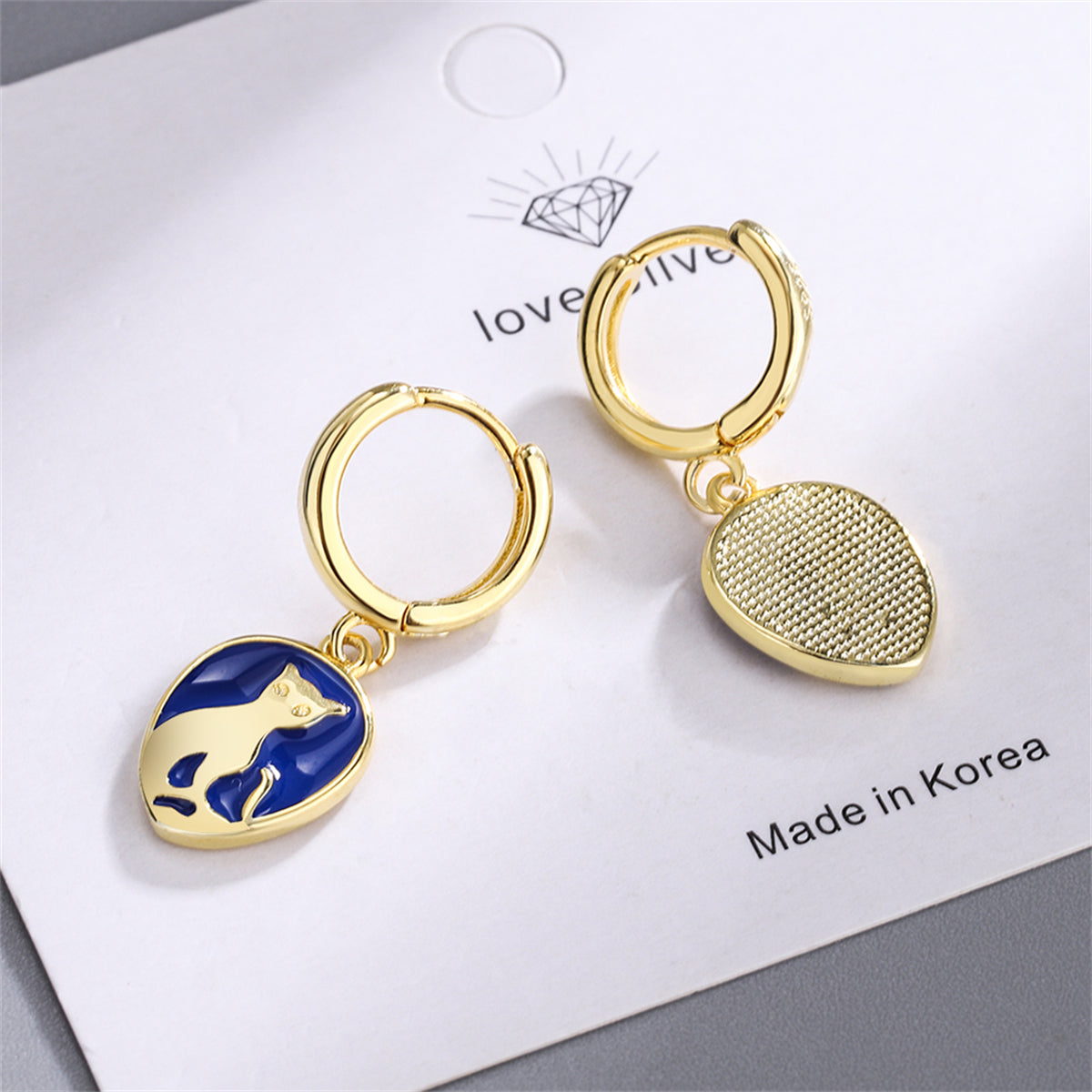 Blue Enamel and 18K Gold-Plated Cat Drop Earrings, gold drop earrings for women, everyday style, lifestyle look