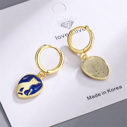 Blue Enamel and 18K Gold-Plated Cat Drop Earrings, gold drop earrings for women, everyday style, lifestyle look