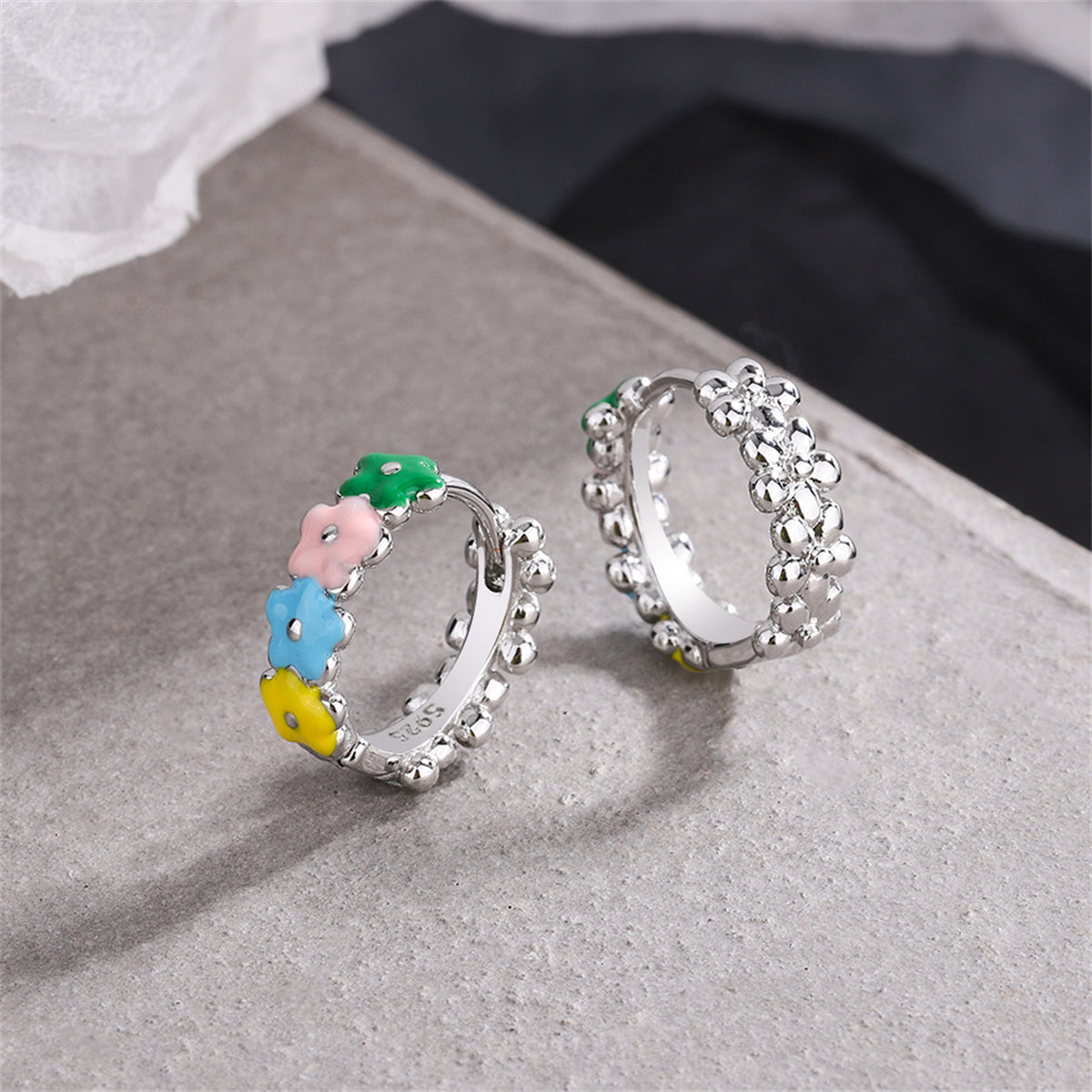 Pink and Yellow Enamel Silver-Plated Flower Huggie Earrings, silver huggie earrings, everyday style, lifestyle look