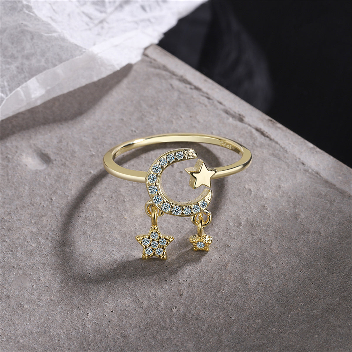 Cubic Zirconia and 18K Gold-Plated Celestial Star Tassel Open Ring, gold statement rings for women, side view