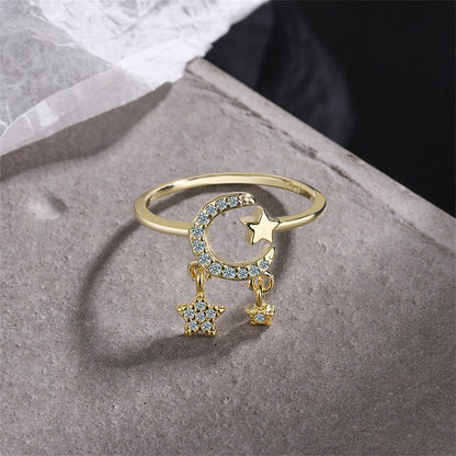 Cubic Zirconia and 18K Gold-Plated Celestial Star Tassel Open Ring, gold statement rings for women, side view