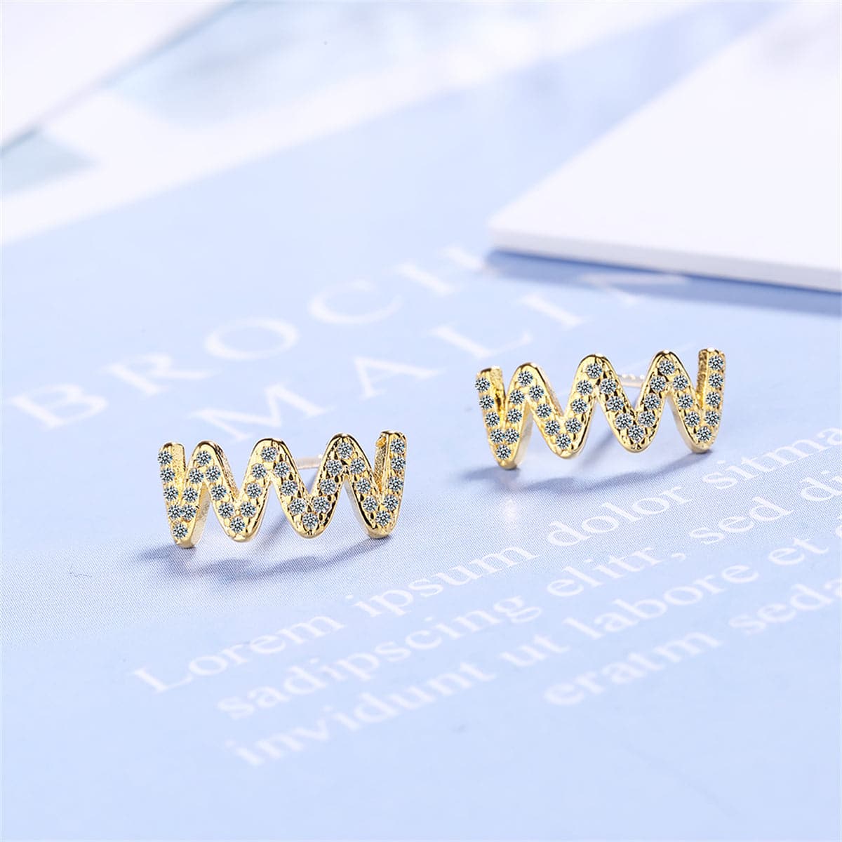 Cubic Zirconia and 18K Gold-Plated Wave Stud Earrings, gold stud earrings for women, botanical inspired, side view
