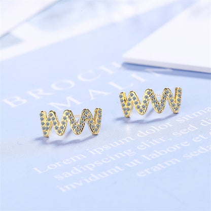 Cubic Zirconia and 18K Gold-Plated Wave Stud Earrings, gold stud earrings for women, botanical inspired, side view