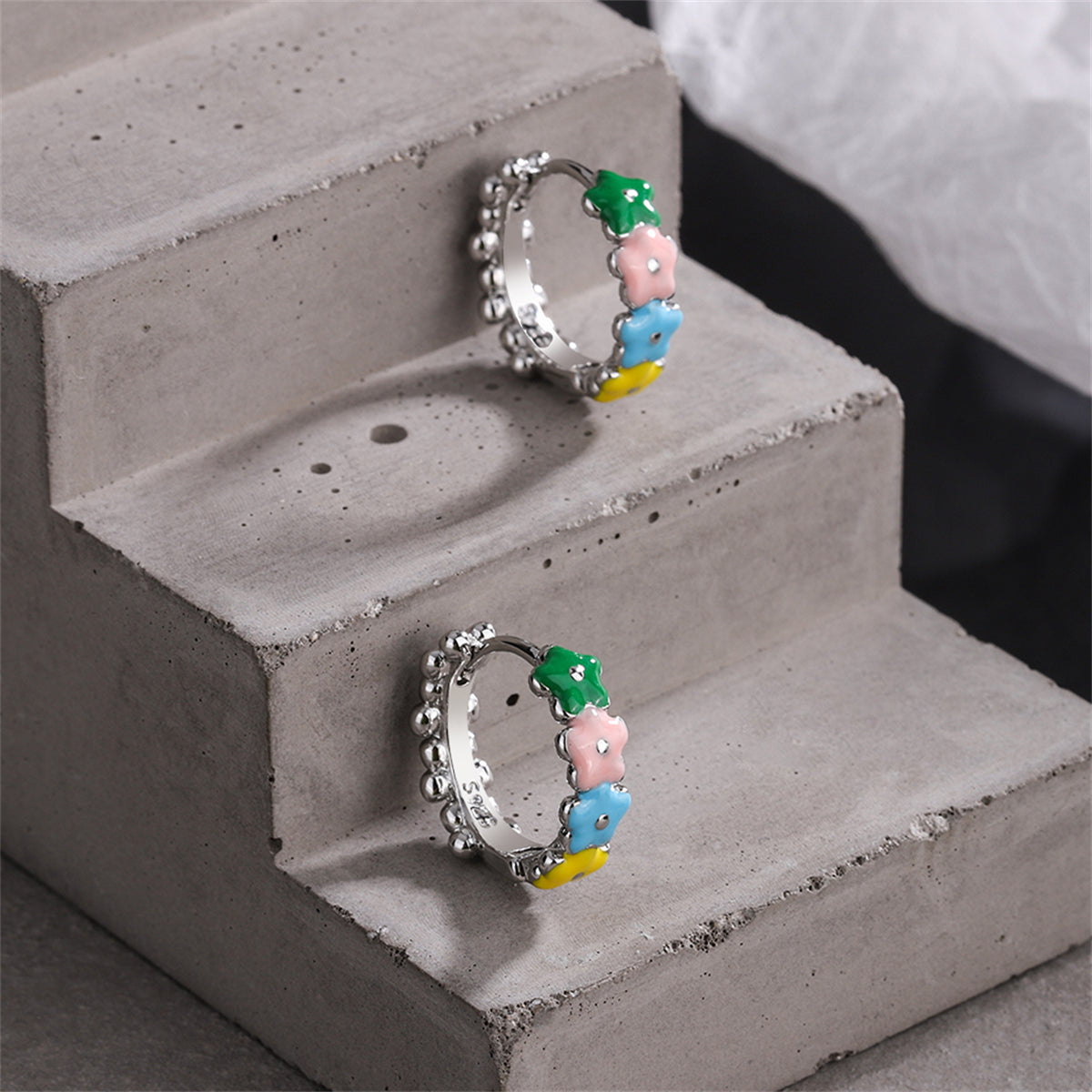 Pink and Yellow Enamel Silver-Plated Flower Huggie Earrings, silver huggie earrings, everyday style, side view