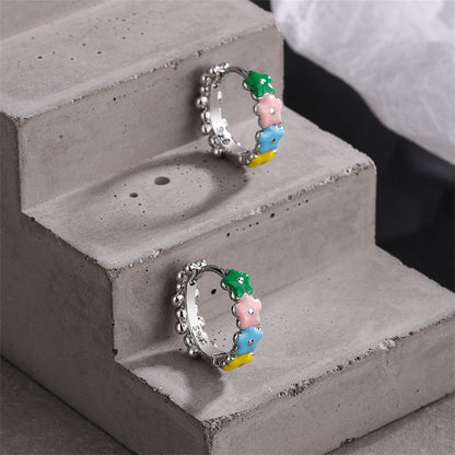 Pink and Yellow Enamel Silver-Plated Flower Huggie Earrings, silver huggie earrings, everyday style, side view