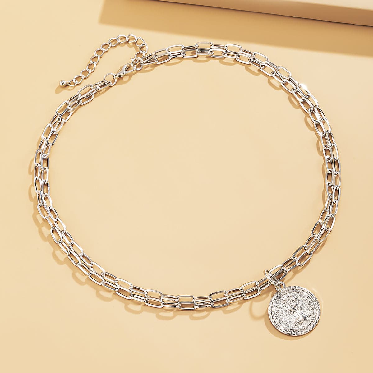 Silver-Plated Two-Chain Coin Pendant Necklace, silver pendant necklace for women, dainty minimalist design, side view