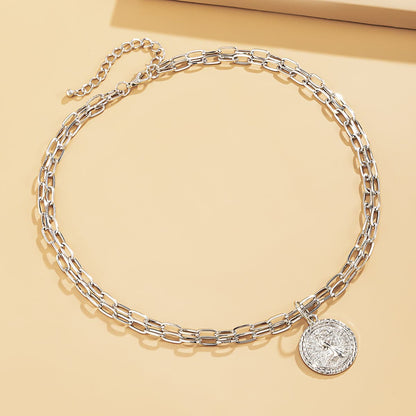 Silver-Plated Two-Chain Coin Pendant Necklace, silver pendant necklace for women, dainty minimalist design, side view