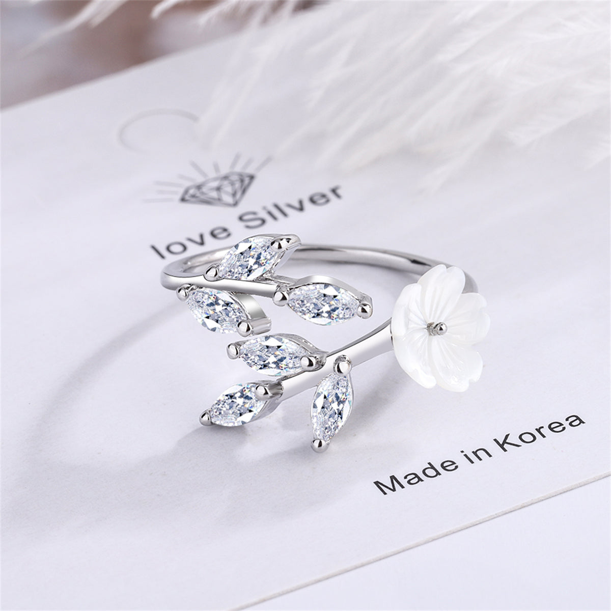 Crystal and Shell Silver-Plated Rattan Flower Bypass Ring, silver statement rings for women, elegant gift for her, side view