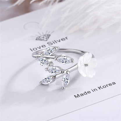 Crystal and Shell Silver-Plated Rattan Flower Bypass Ring, silver statement rings for women, elegant gift for her, side view