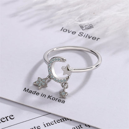 Cubic Zirconia and Silver-Plated Celestial Star Tassel Open Ring, silver statement rings for women, side view