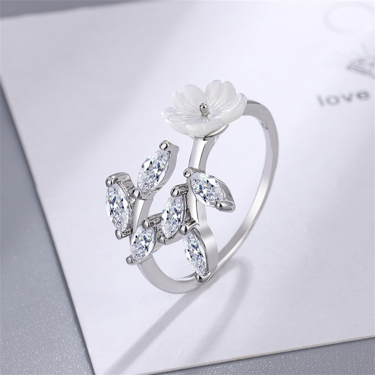 Crystal and Shell Silver-Plated Rattan Flower Bypass Ring, silver statement rings for women, detail close-up