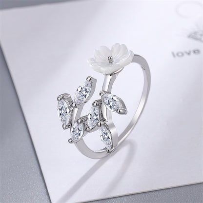 Crystal and Shell Silver-Plated Rattan Flower Bypass Ring, silver statement rings for women, detail close-up