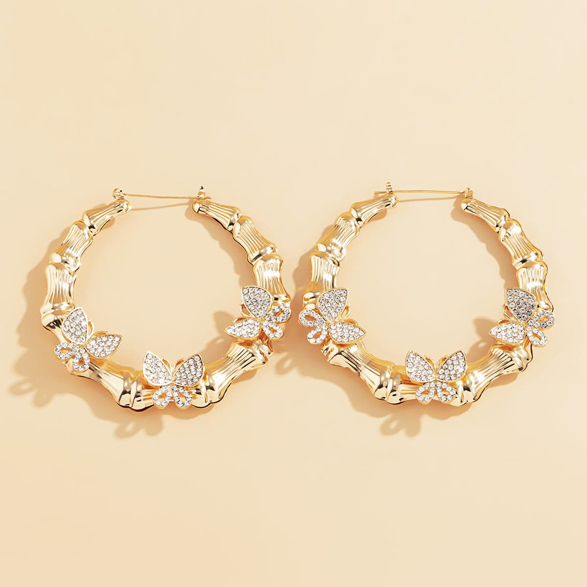 Cubic Zirconia and 18K Gold-Plated Butterfly Bamboo Hoop Earrings, botanical inspired, lifestyle look