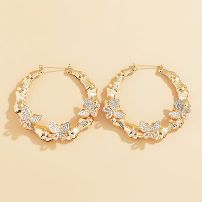 Cubic Zirconia and 18K Gold-Plated Butterfly Bamboo Hoop Earrings, botanical inspired, lifestyle look