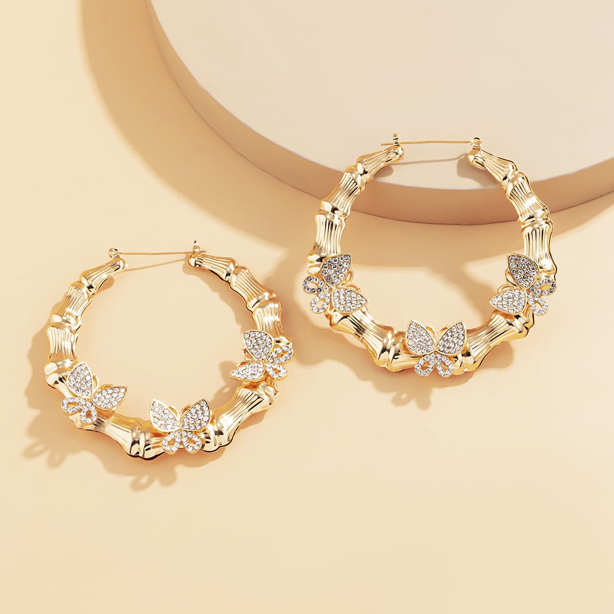 Cubic Zirconia and 18K Gold-Plated Butterfly Bamboo Hoop Earrings, botanical inspired, styled look