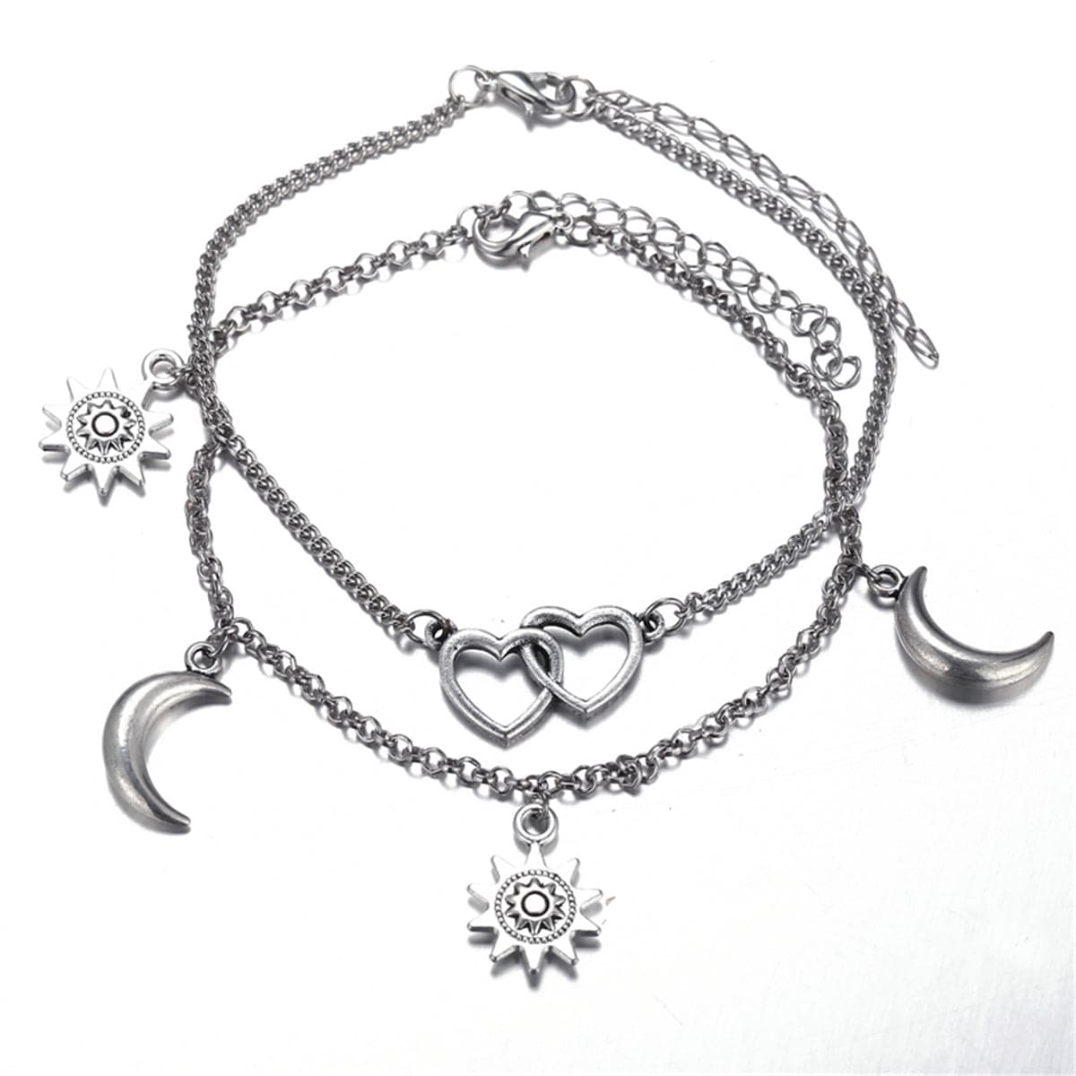 Silver-Plated Moon & Star Heart Charm Anklet Set