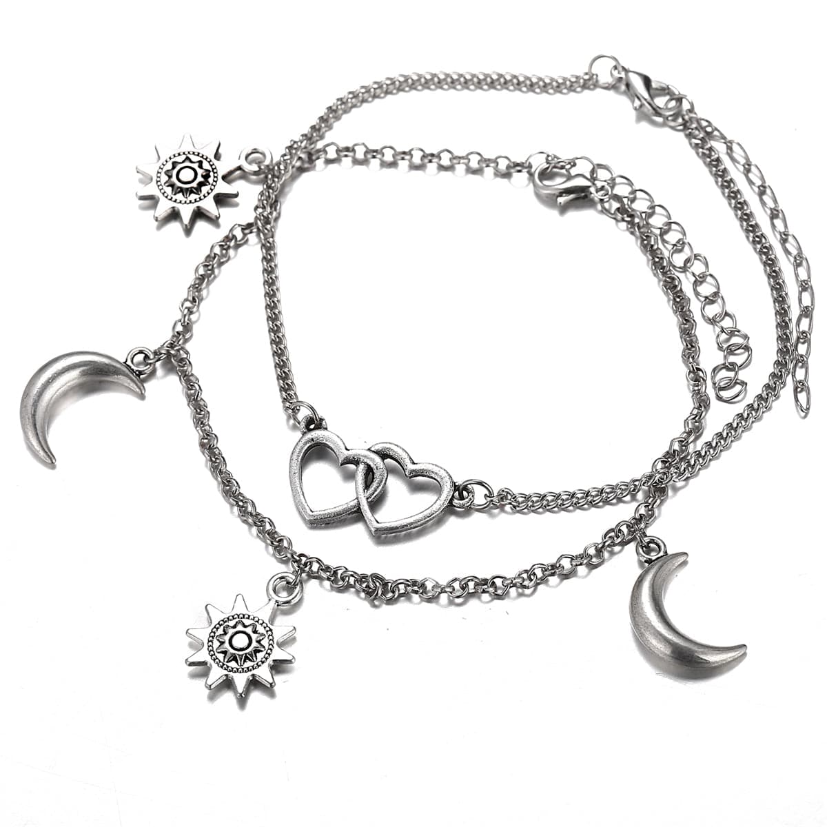 Silver-Plated Moon & Star Heart Charm Anklet Set