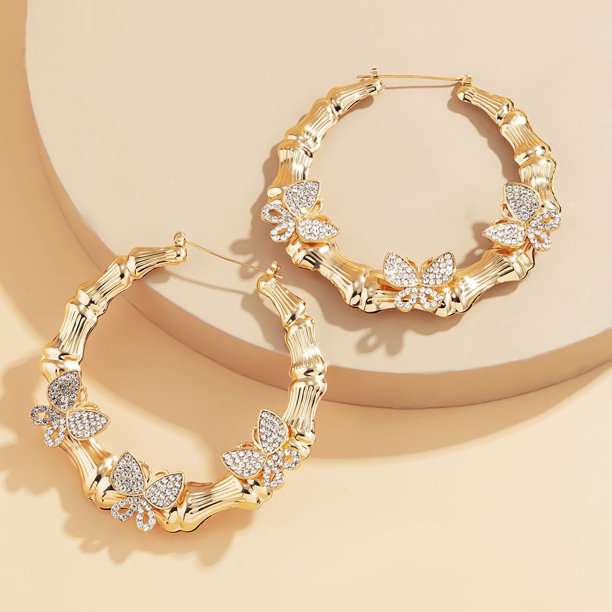 Cubic Zirconia & 18K Gold-Plated Butterfly Bamboo Hoop Earrings