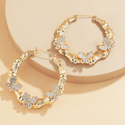 Cubic Zirconia & 18K Gold-Plated Butterfly Bamboo Hoop Earrings