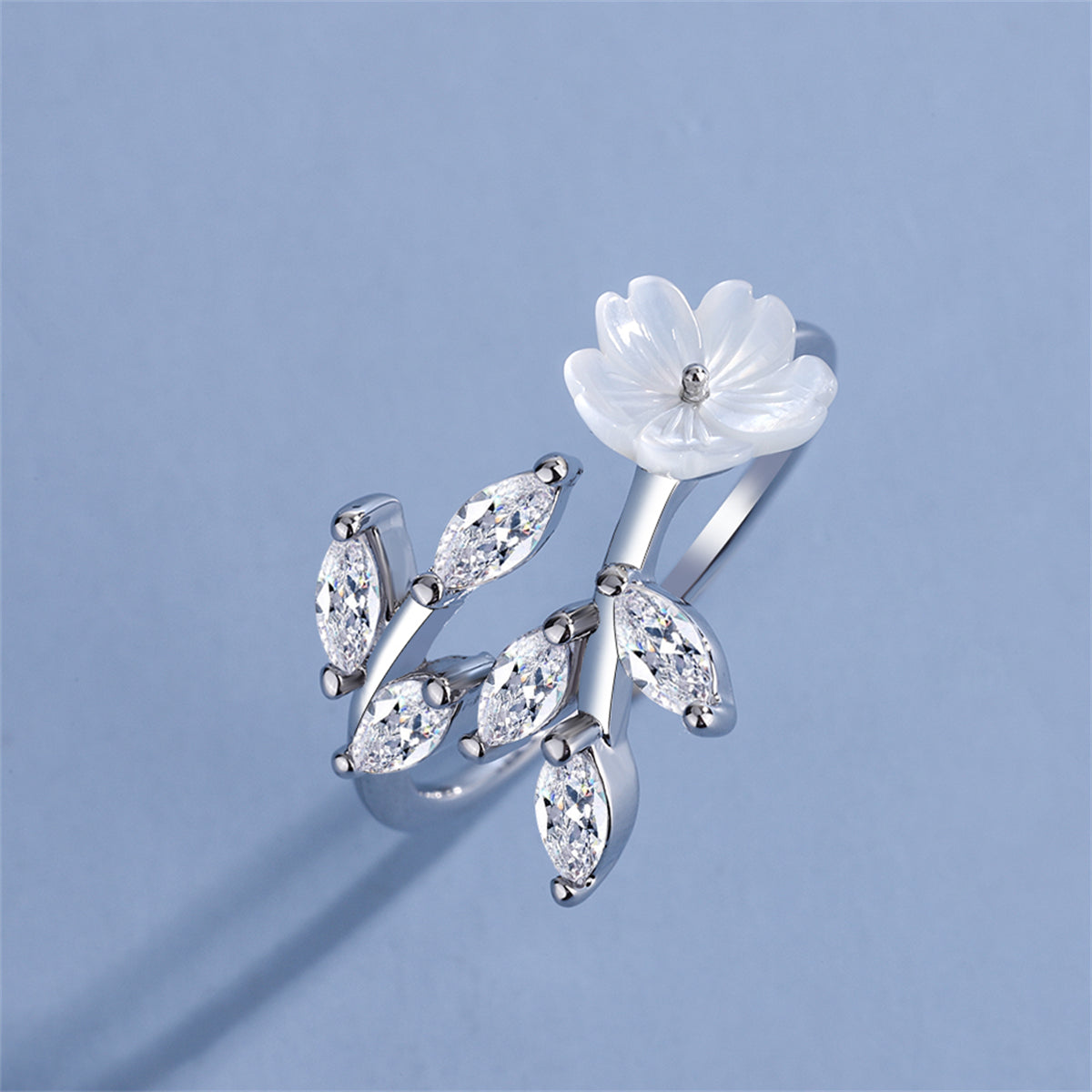 Crystal and Shell Silver-Plated Rattan Flower Bypass Ring, silver statement rings for women, lifestyle look