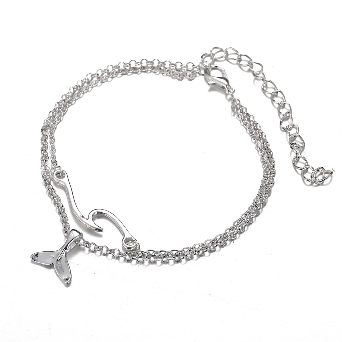 Silver-Plated Wave & Fish Tail Charm Layer Anklet