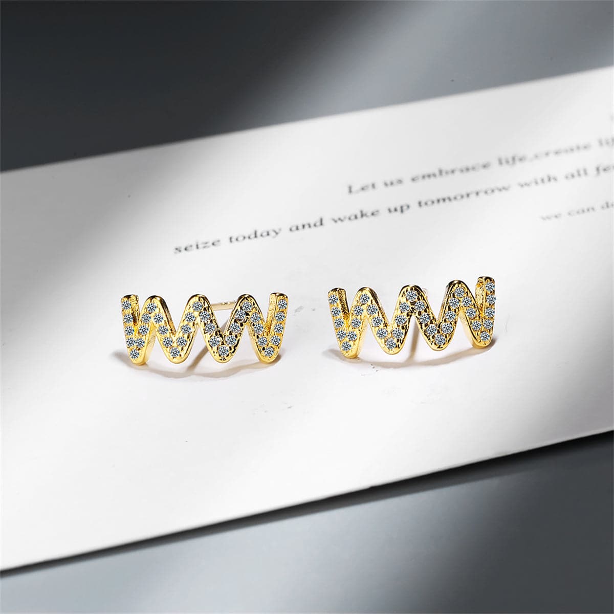 Cubic Zirconia and 18K Gold-Plated Wave Stud Earrings, gold stud earrings for women, botanical inspired, detail close-up