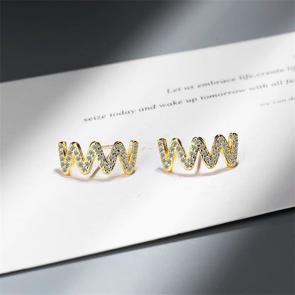 Cubic Zirconia and 18K Gold-Plated Wave Stud Earrings, gold stud earrings for women, botanical inspired, detail close-up